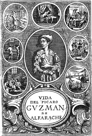 Frontispicio de una edición conjunta de las dos partes del Guzmán de Alfarache publicada en Amberes por Jerónimo Verdussen en 1681 e ilustrada por Gaspar Bouttats.