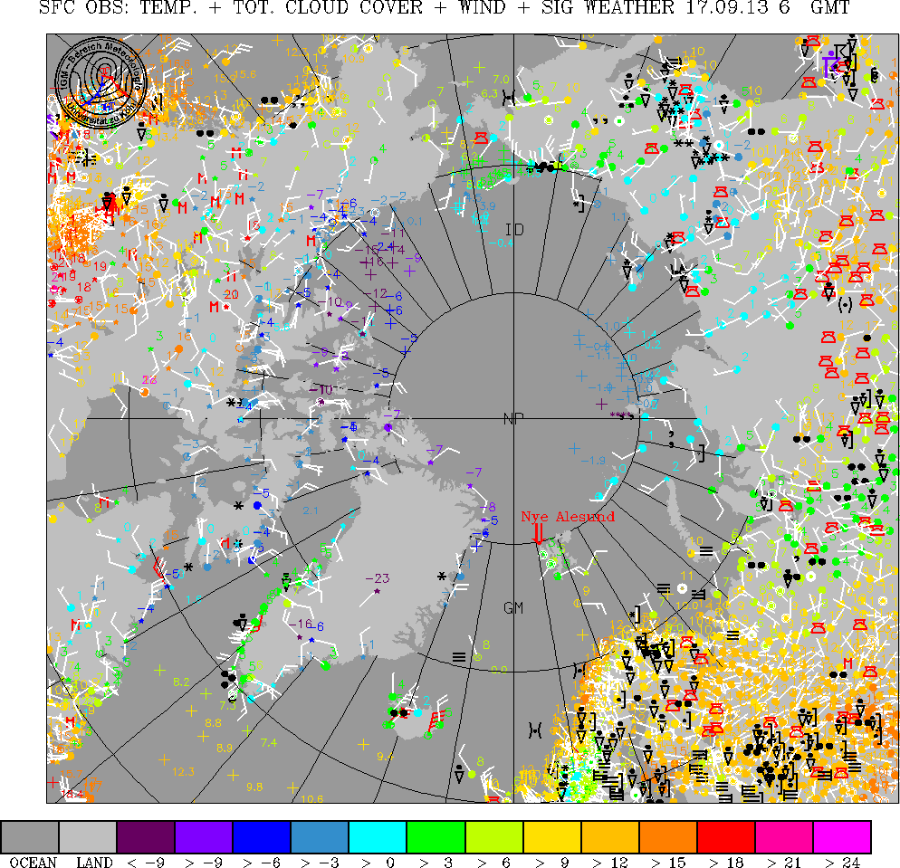 Latest Arctic Surface Observations with Temperatures, Cloud Cover, Wind Speeds and Weather
