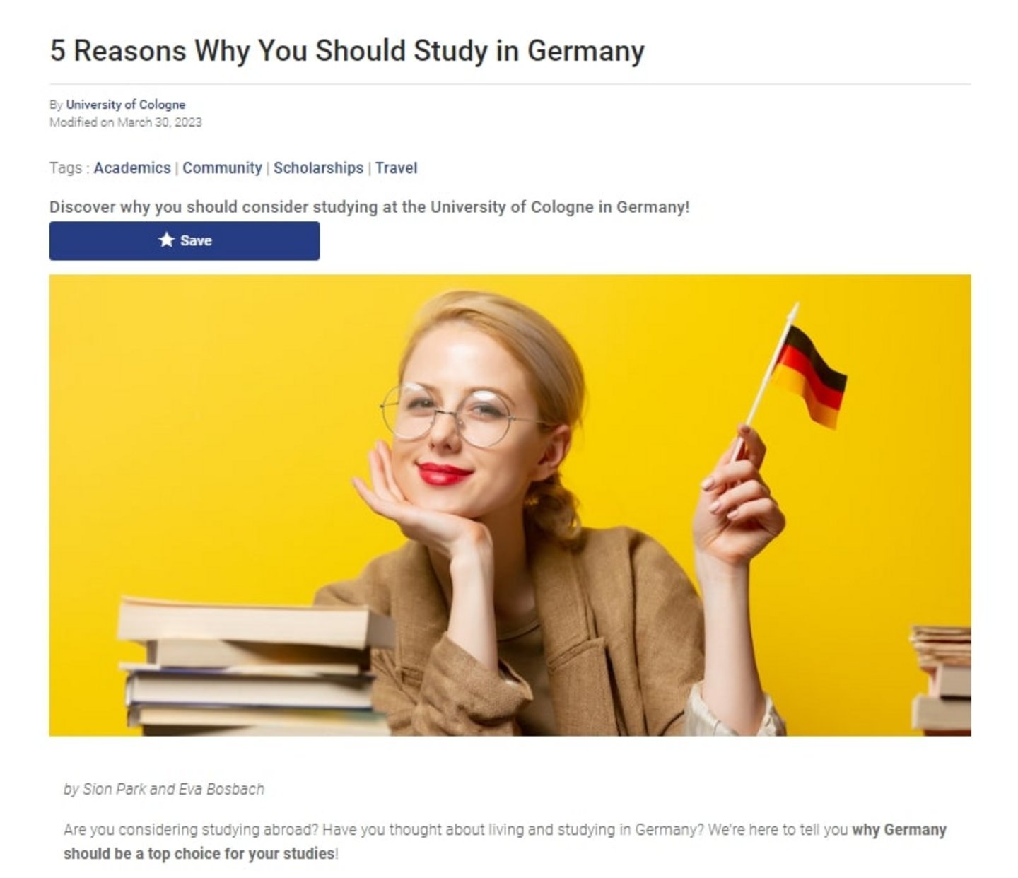 Screenshot of the online article '5 Reasons Why You Should Study in Germany' and a picture of a blonde, female student holding a German flag