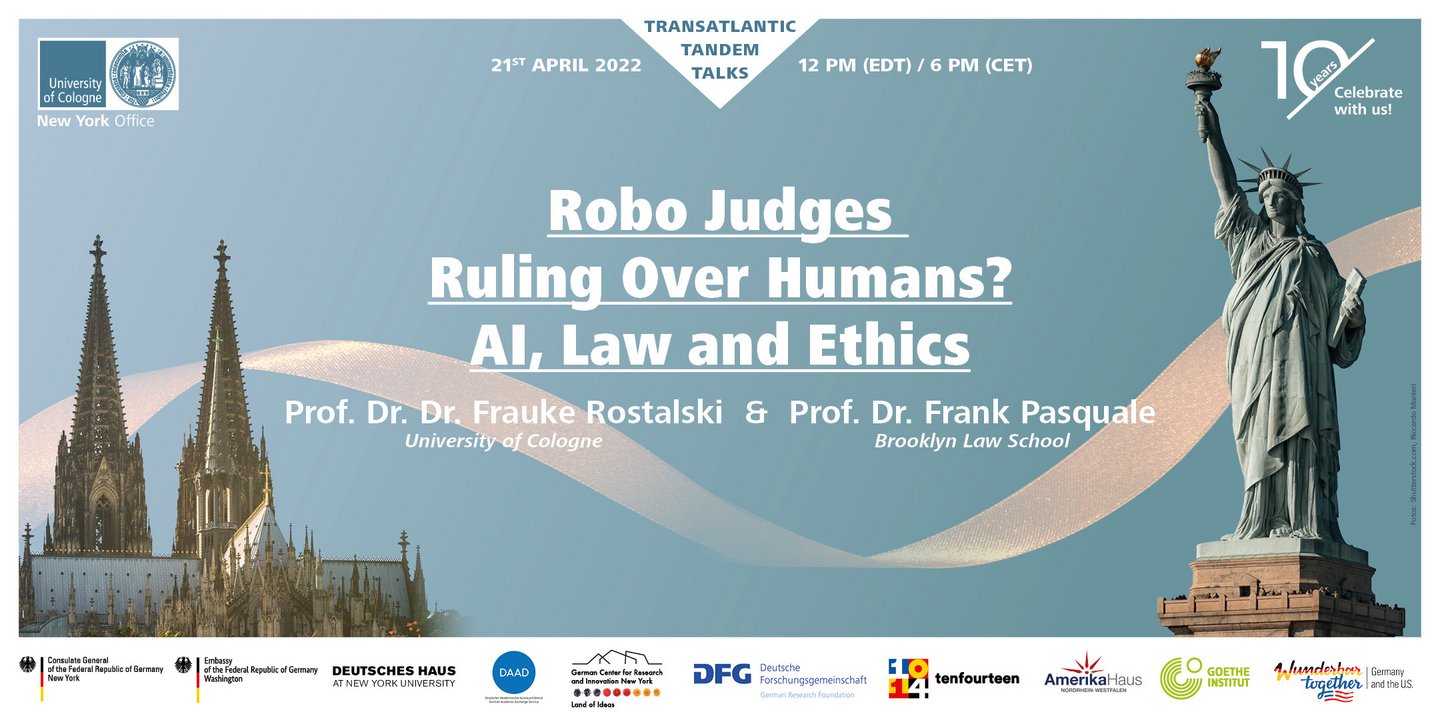 Poster for the Transatlantic Tandem Talk on the topic of Robo Judges showing the Statue of Liberty and Cologne Cathedral