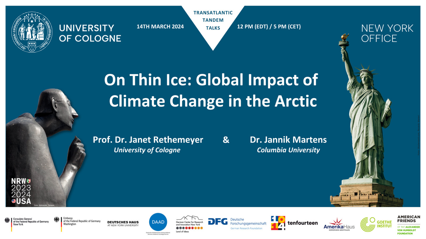 An event graphic with the Albertus Magnus monument and the Statue of Liberty as well as the logos of the University of Cologne and the ten partners. Text: On Thin Ice: Global Impact of Climate Change in the Arctic; Prof. Dr Janet Rethemeyer, University of Cologne & Dr Jannik Martens, Columbia University.