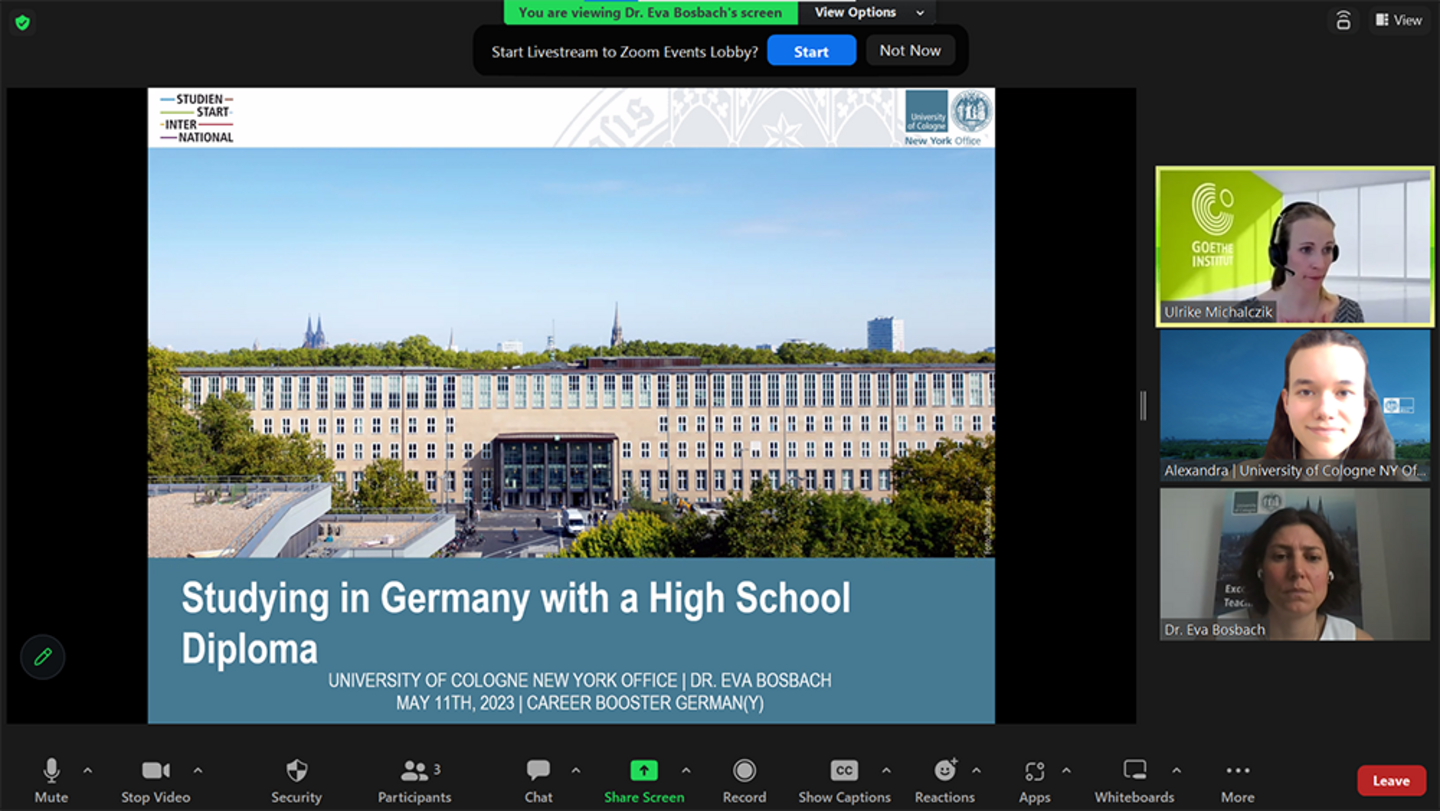 Screenshot of a Zoom meeting on the topic of Studying in Germany with a High School Diploma