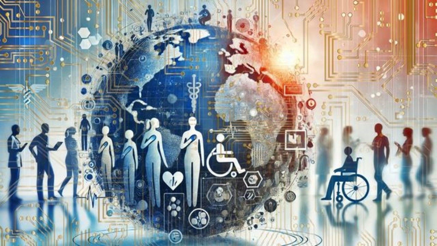 A stylized globe is surrounded by silhouettes of people, medical icons such as a caduceus, heart, and wheelchair, and golden circuit-like patterns. The colour scheme transitions from cool blues on the left to warm orange hues on the right, where a light source in the background gives the impression of a sunrise. Text: Image generated by AI and edited by DKFZ.